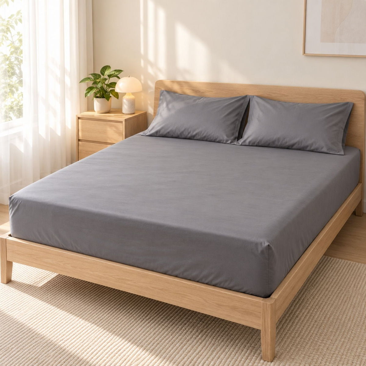 Classic Grey HaruKumo Lyocell fitted sheet with two matching pillowcases in a modern bedroom