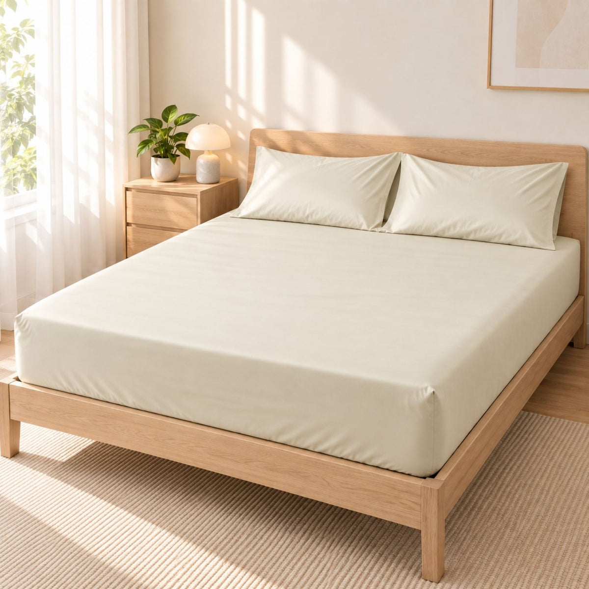 Khaki HaruKumo Lyocell fitted sheet with two matching pillowcases in a warm modern bedroom