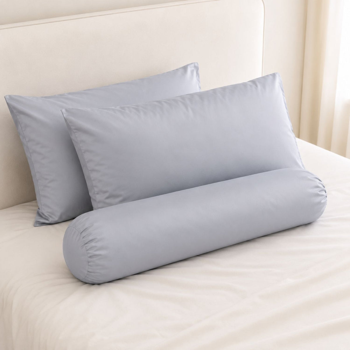 Aoteni Tencel pillowcase and bolster cover set in Classic Grey on bed