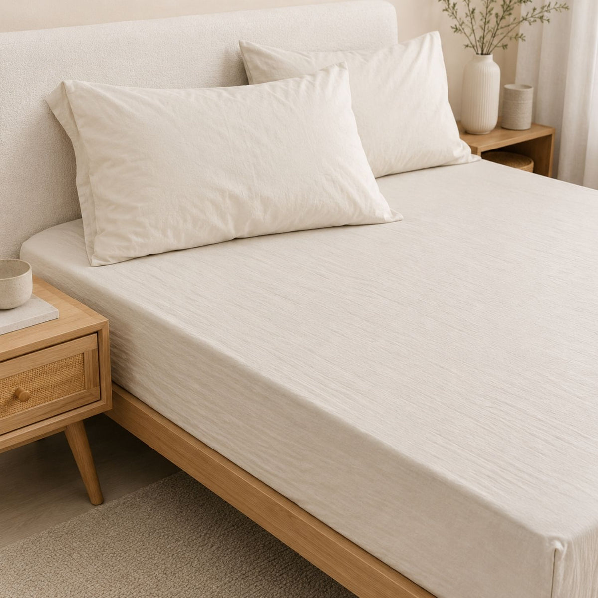 Regular cotton or microfiber bedsheet on a neutral bed