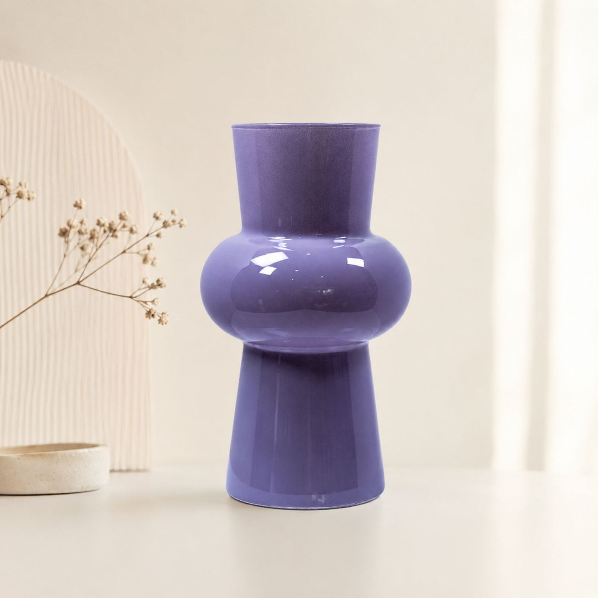 Hana Kesshō Small 20cm Murasaki Lavender glass vase on a soft neutral table