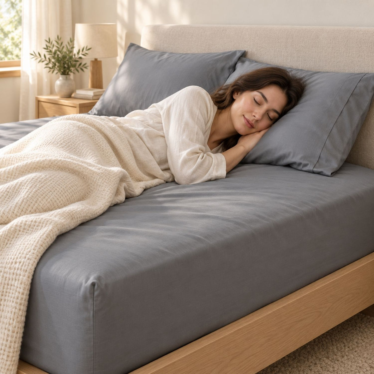 Sleeper resting on a Classic Grey HaruKumo Lyocell fitted sheet