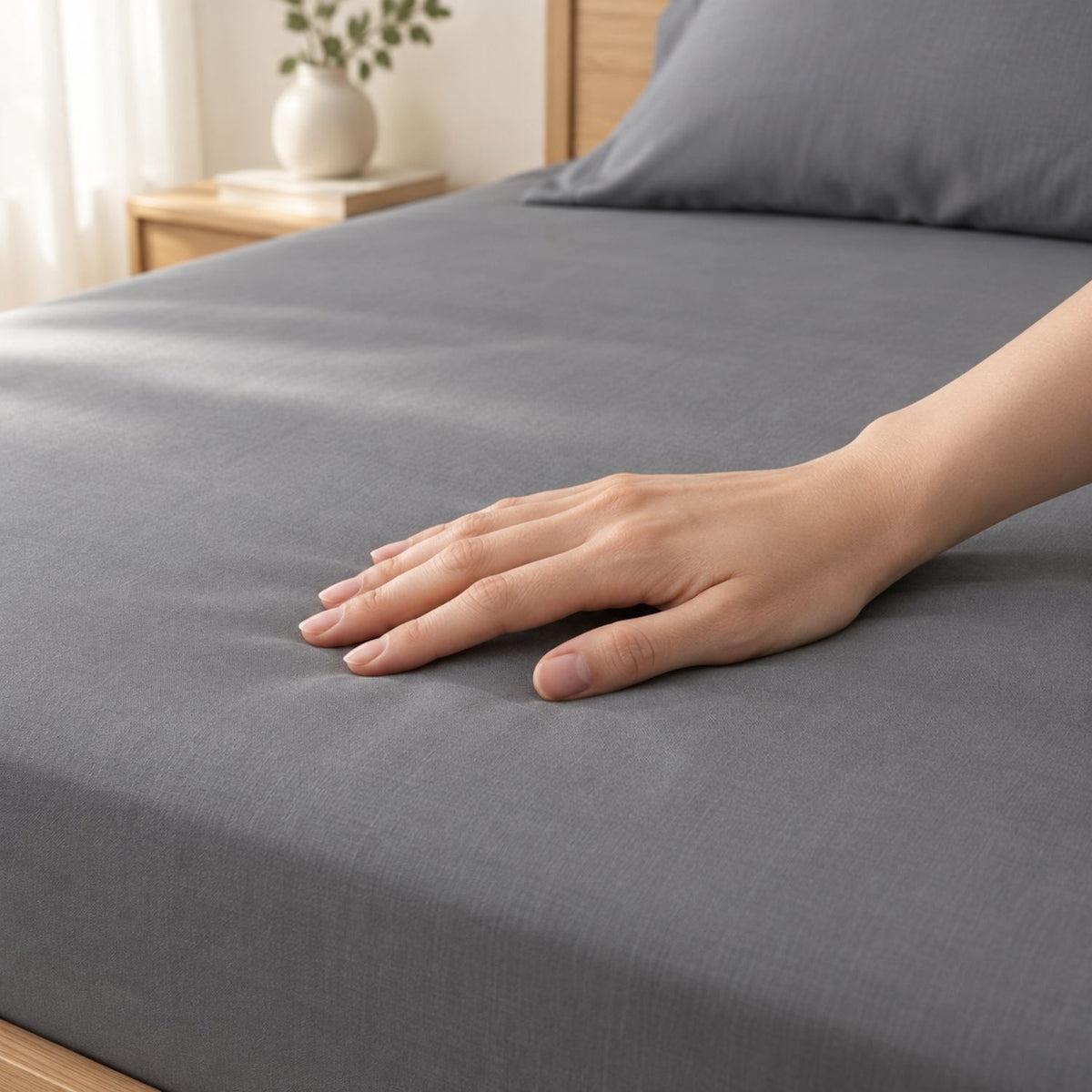Hand resting on the smooth Classic Grey HaruKumo Lyocell surface
