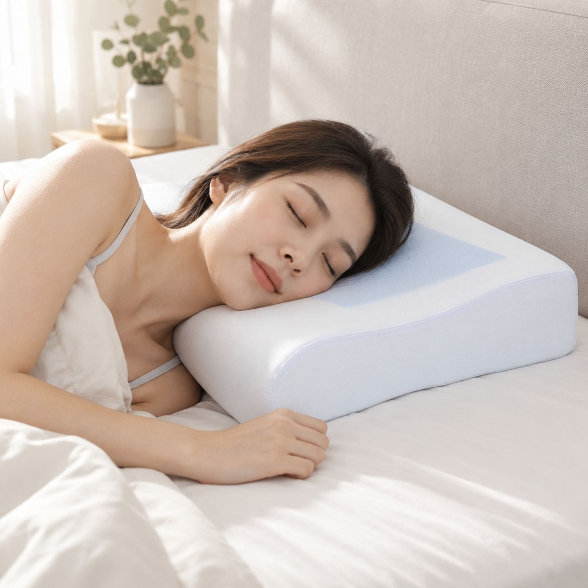 Side sleeper using the higher contour edge of the RyoMemori memory-foam pillow.