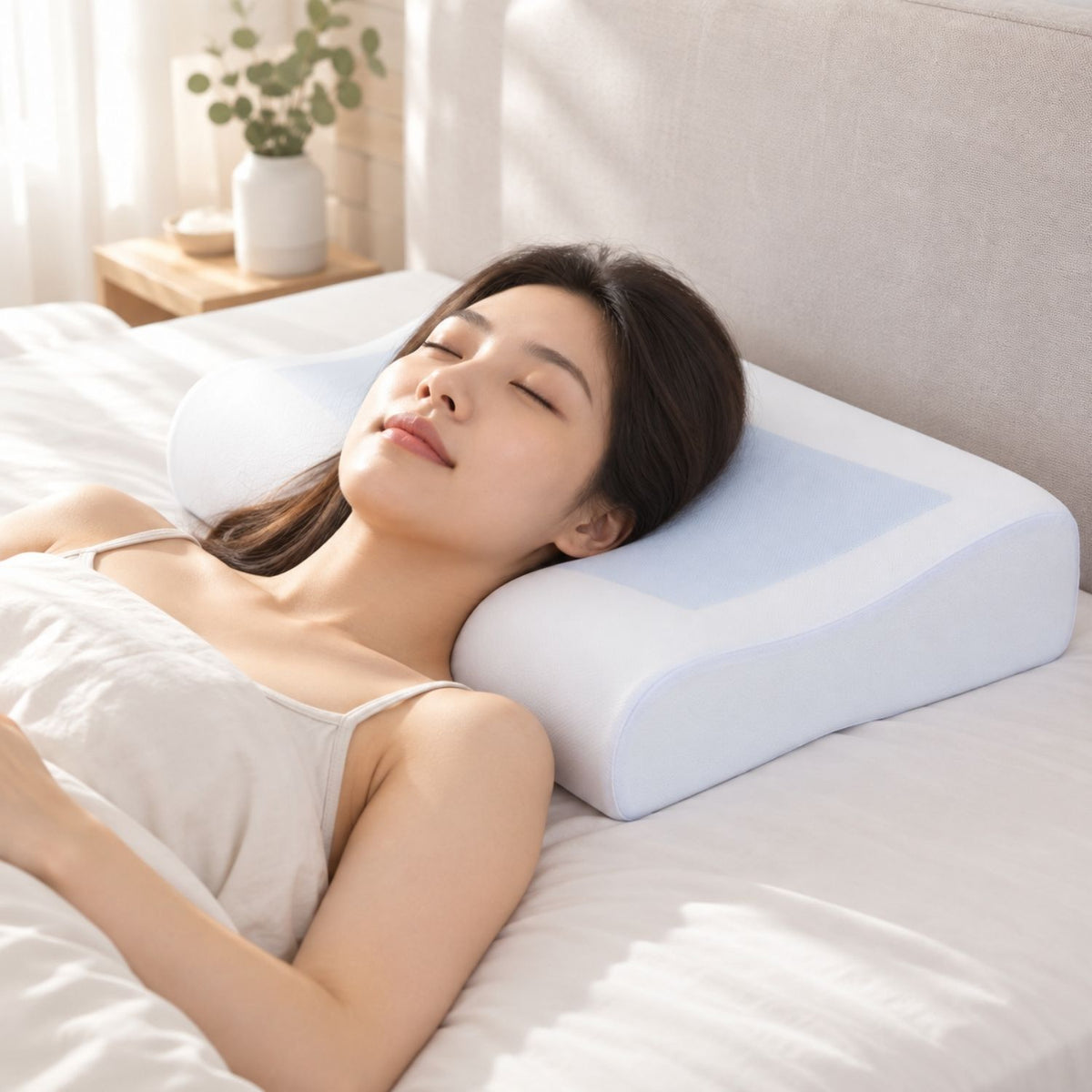 Back sleeper using the lower contour edge of the RyoMemori memory-foam pillow.