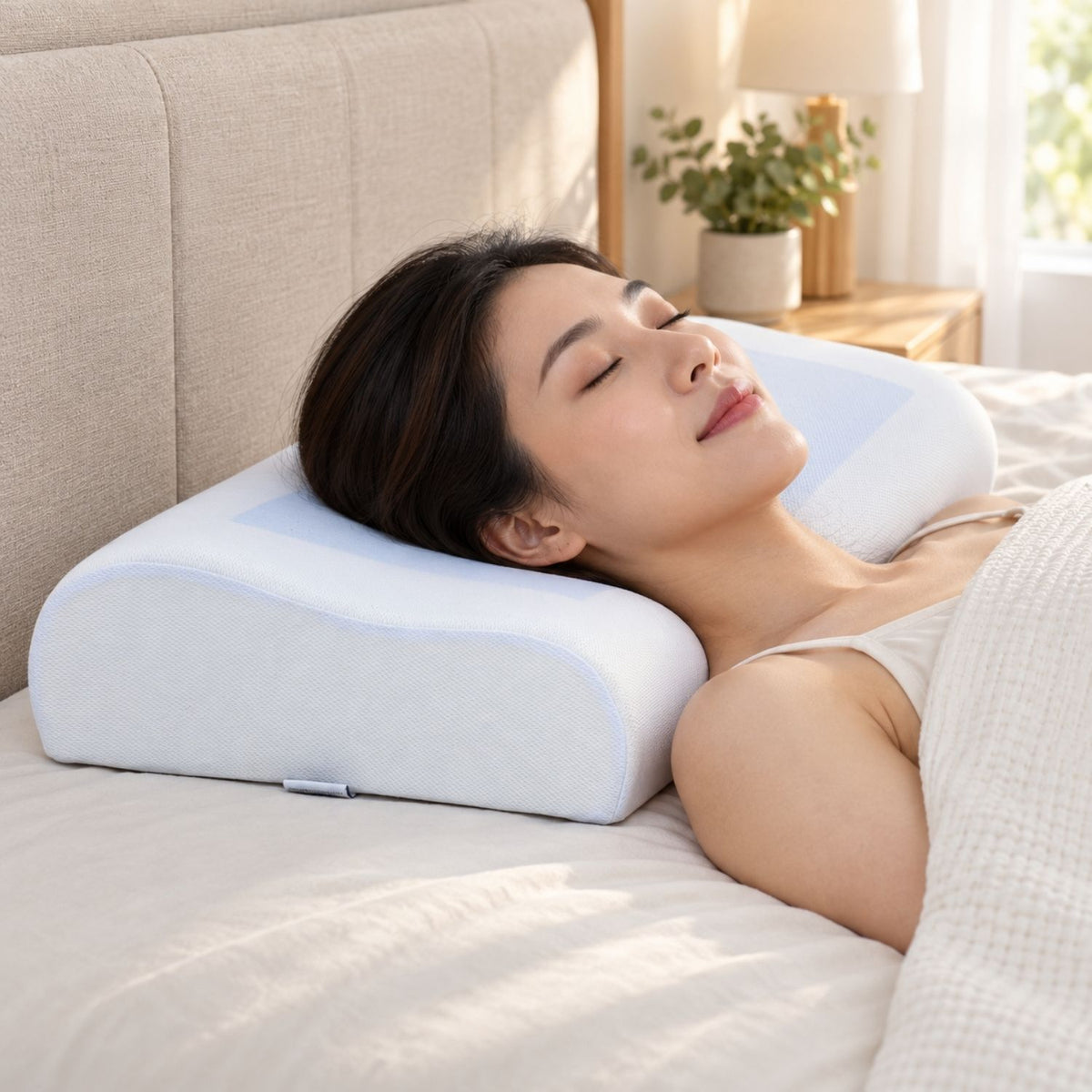 Back sleeper using the lower contour edge of the RyoMemori memory-foam pillow.