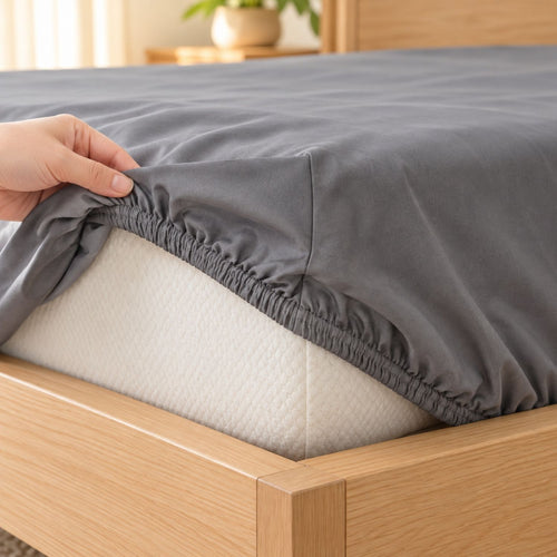 Full-perimeter elastic hem on the Classic Grey HaruKumo fitted sheet wrapping beneath a mattress.
