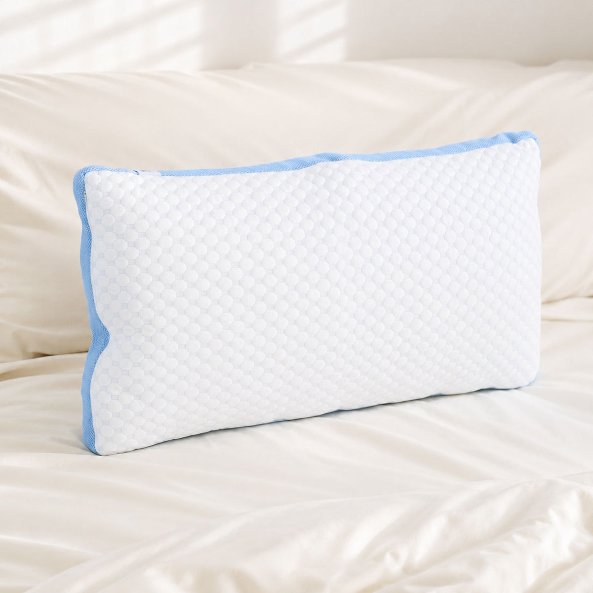KumoFlex adjustable cooling pillow with blue mesh gusset