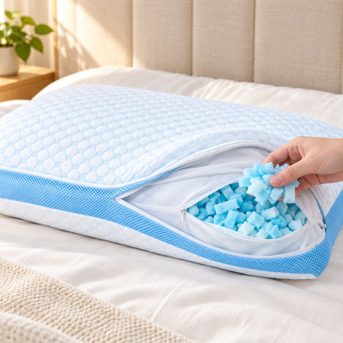 KumoFlex adjustable pillow showing its dual-surface outer cover, separate zippered inner liner and removable shredded gel memory-foam filling.