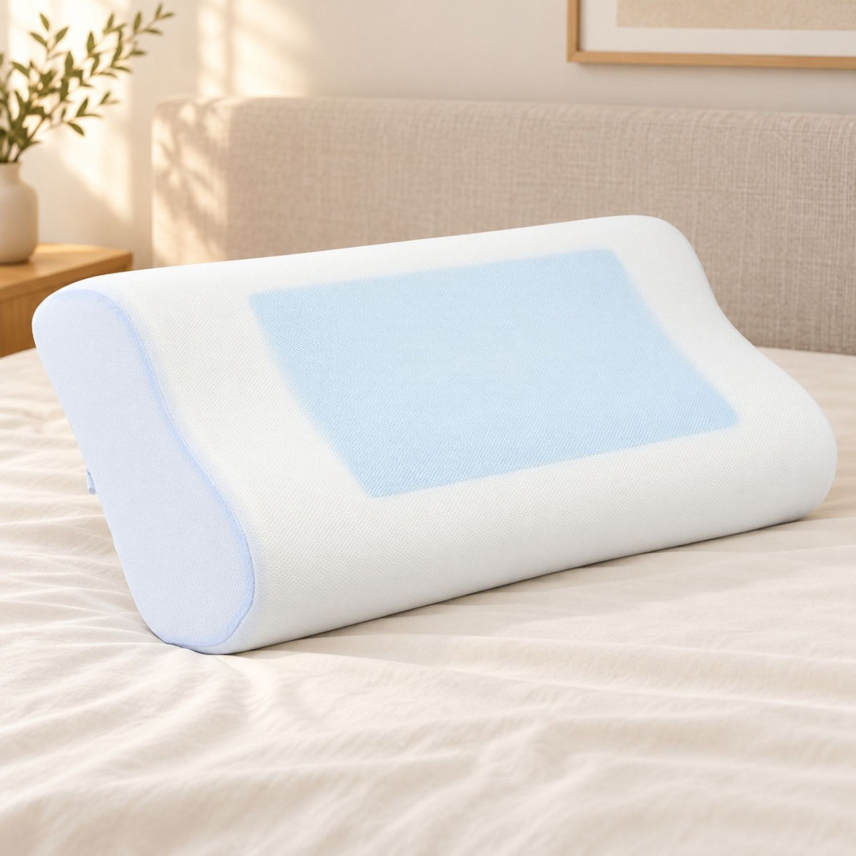RyoMemori ready-shaped cooling-gel memory-foam pillow showing its dual-height contour.