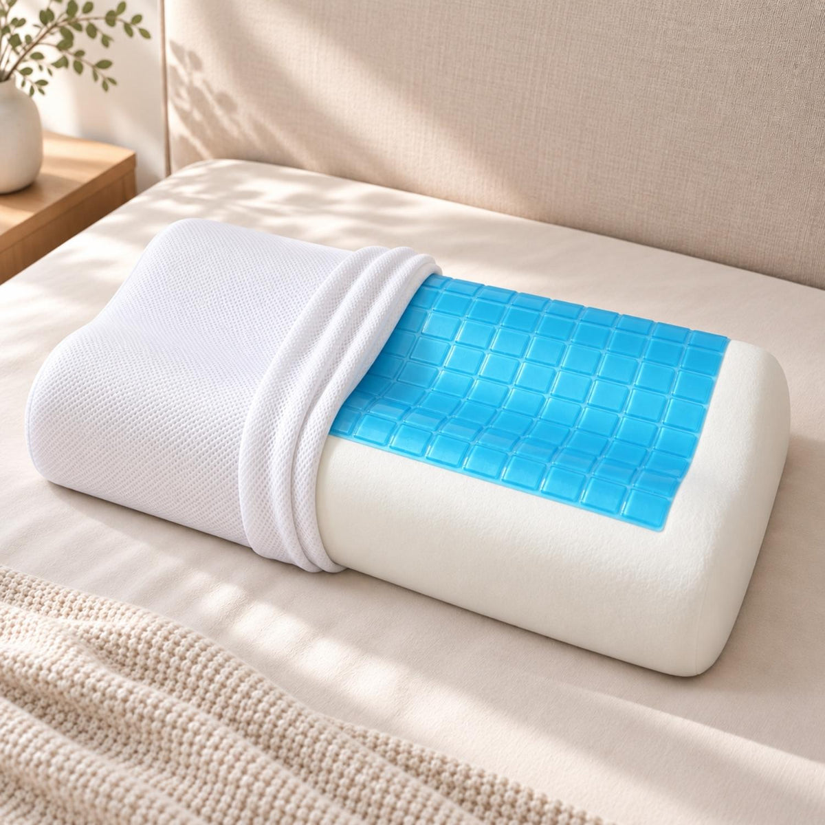 Partially uncovered RyoMemori pillow showing its breathable mesh cover, cooling-gel top layer and solid moulded memory-foam core.