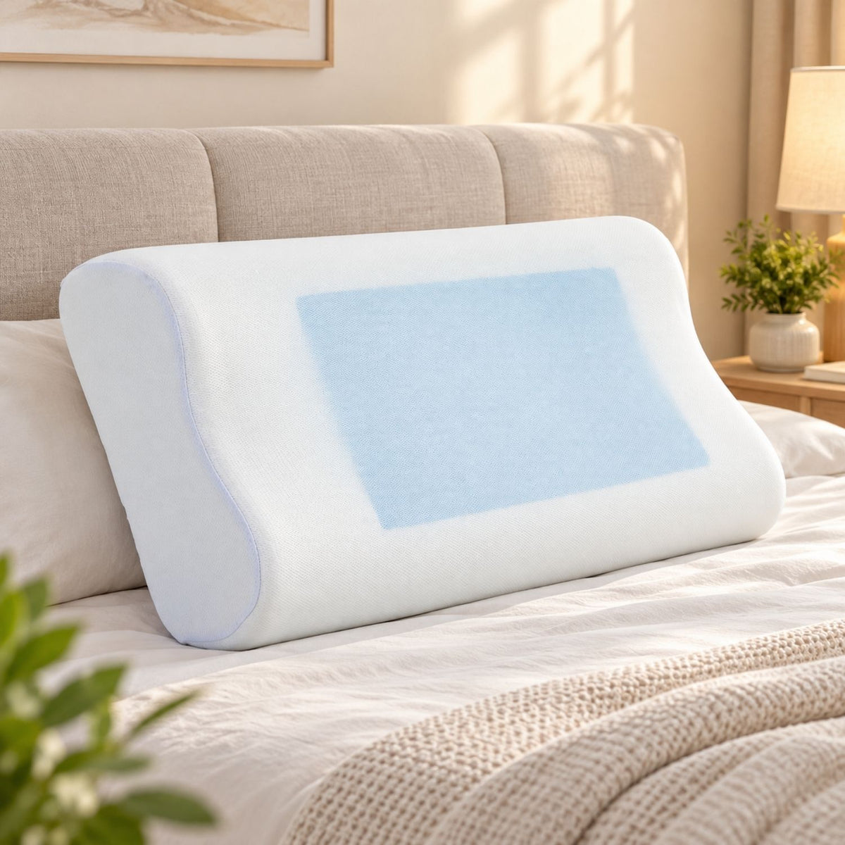 King-size RyoMemori Cooling Gel Memory Foam Pillow on an ivory bed